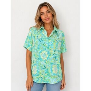 Worthington Women's Multi Color Print Short Sleeve Button Up Blouse Size 1X